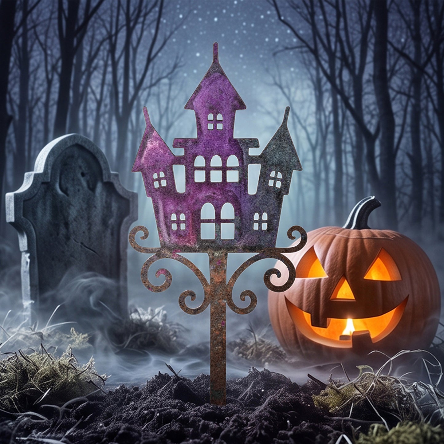 Purple Haunted Castle Halloween Garden Stake in a garden