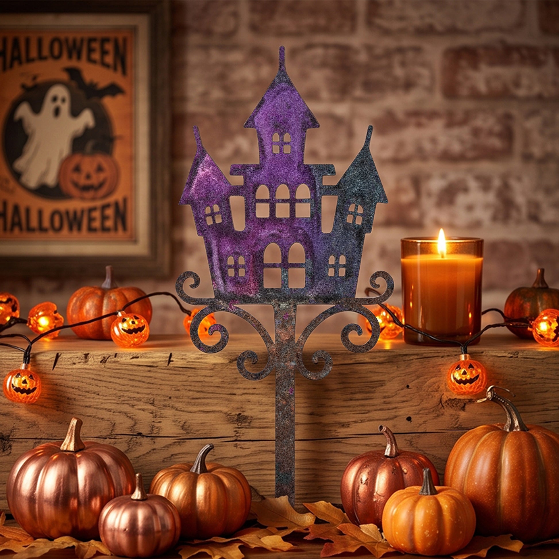 Purple Haunted Castle Halloween Garden Stake outdoor scene