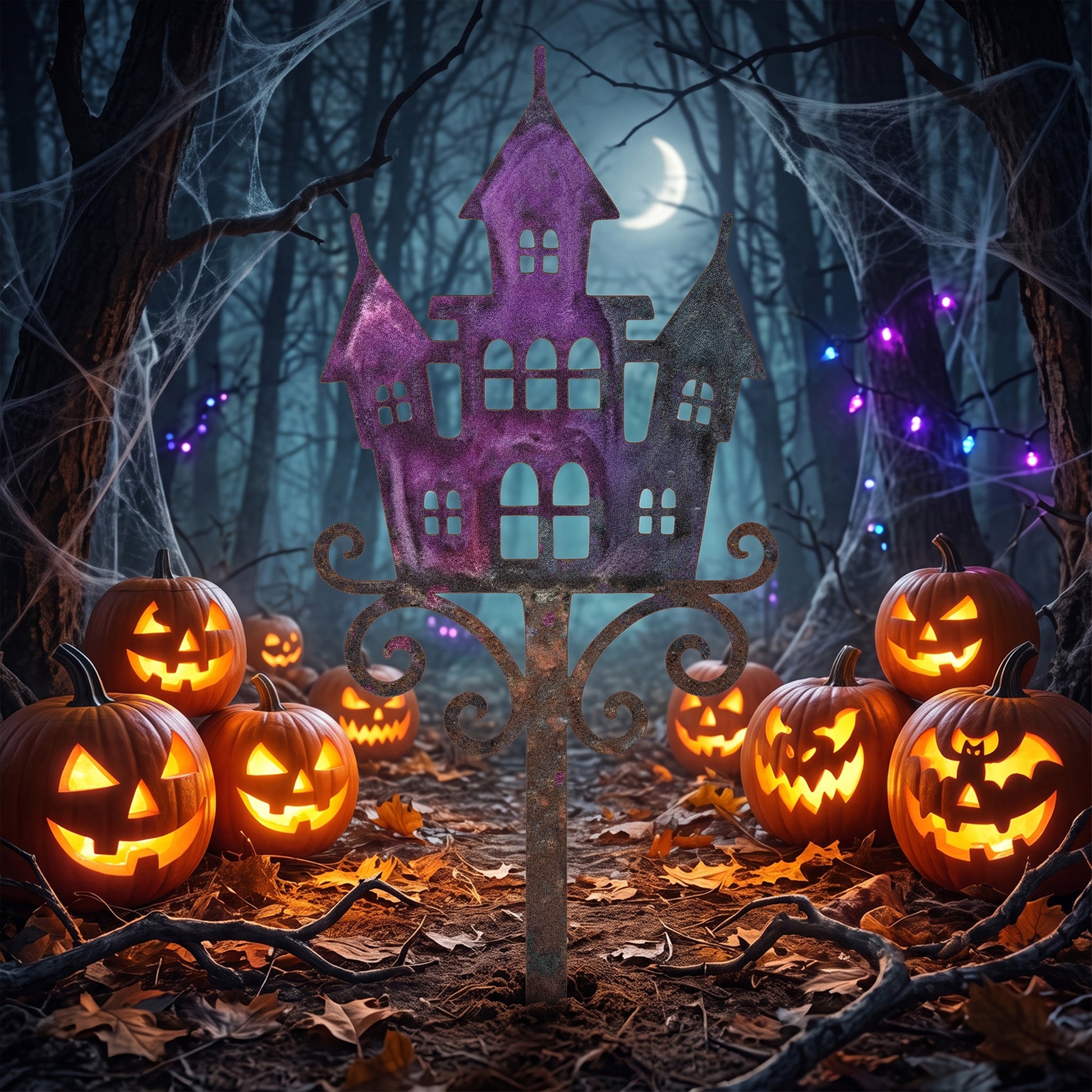 Purple Haunted Castle Halloween Garden Stake lifestyle
