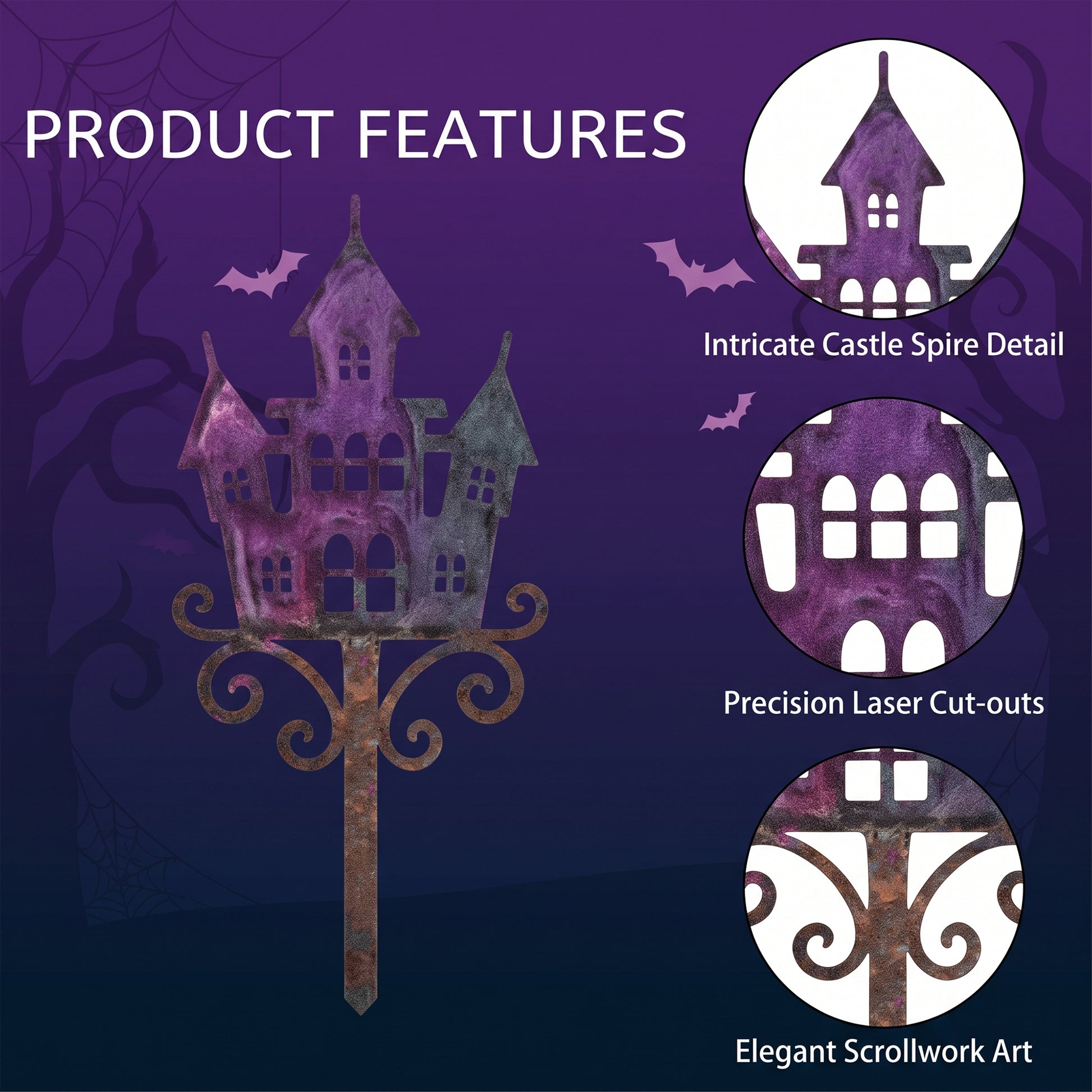 Close-up of Purple Haunted Castle Halloween Garden Stake