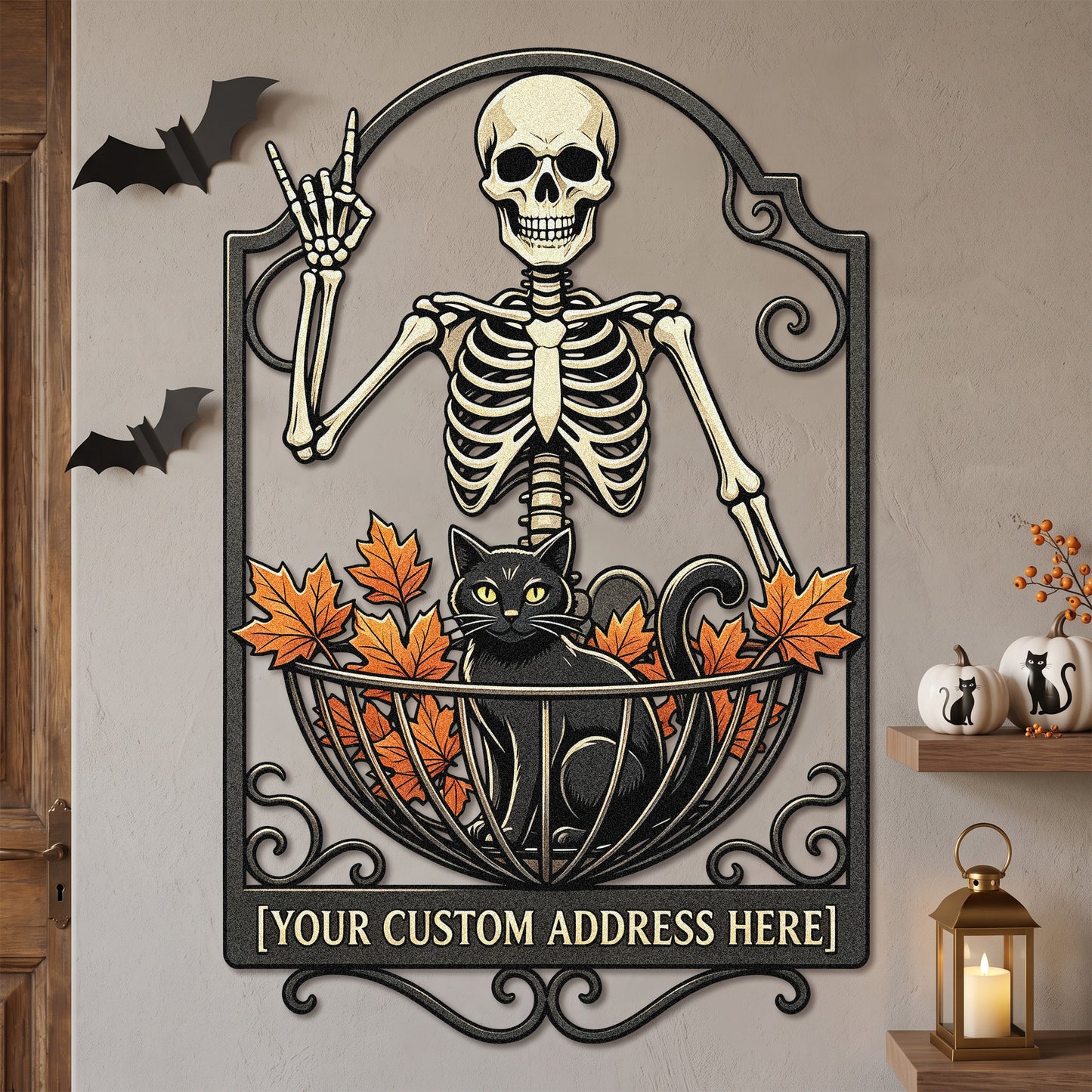 Skeleton and black cat Halloween address stake in a garden