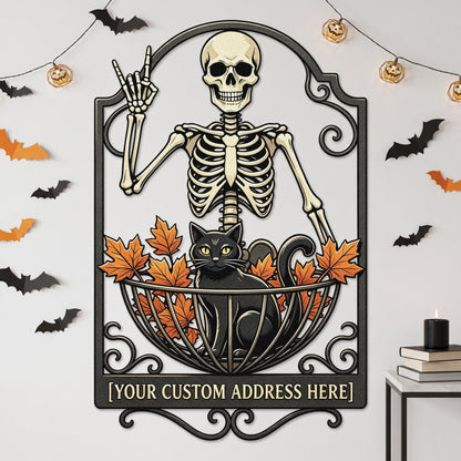Skeleton black cat metal garden stake outdoor scene