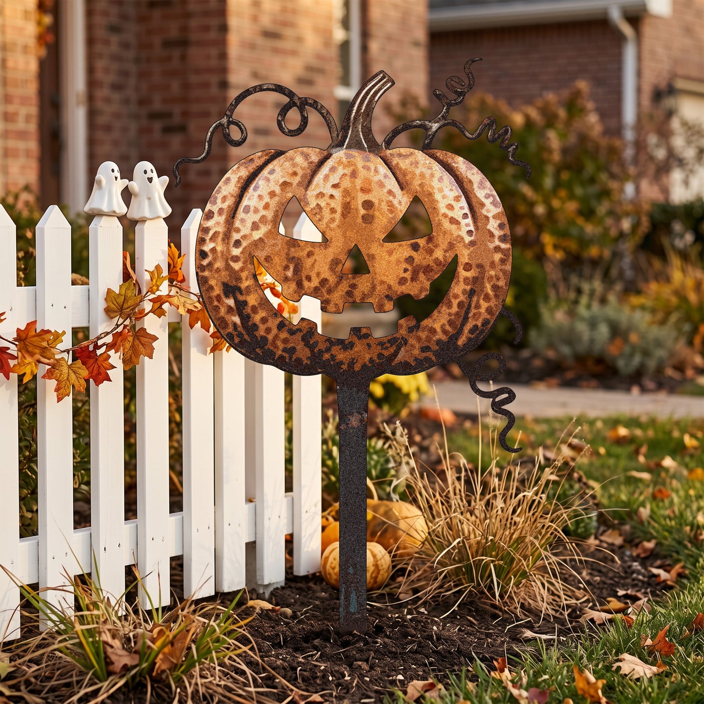 Rusted Jack-O-Lantern Pumpkin Garden Stake outdoor scene