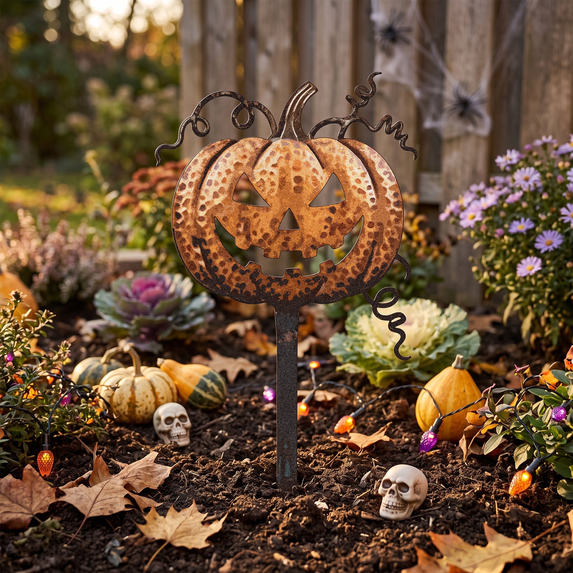 Rusted Jack-O-Lantern Pumpkin Garden Stake lifestyle