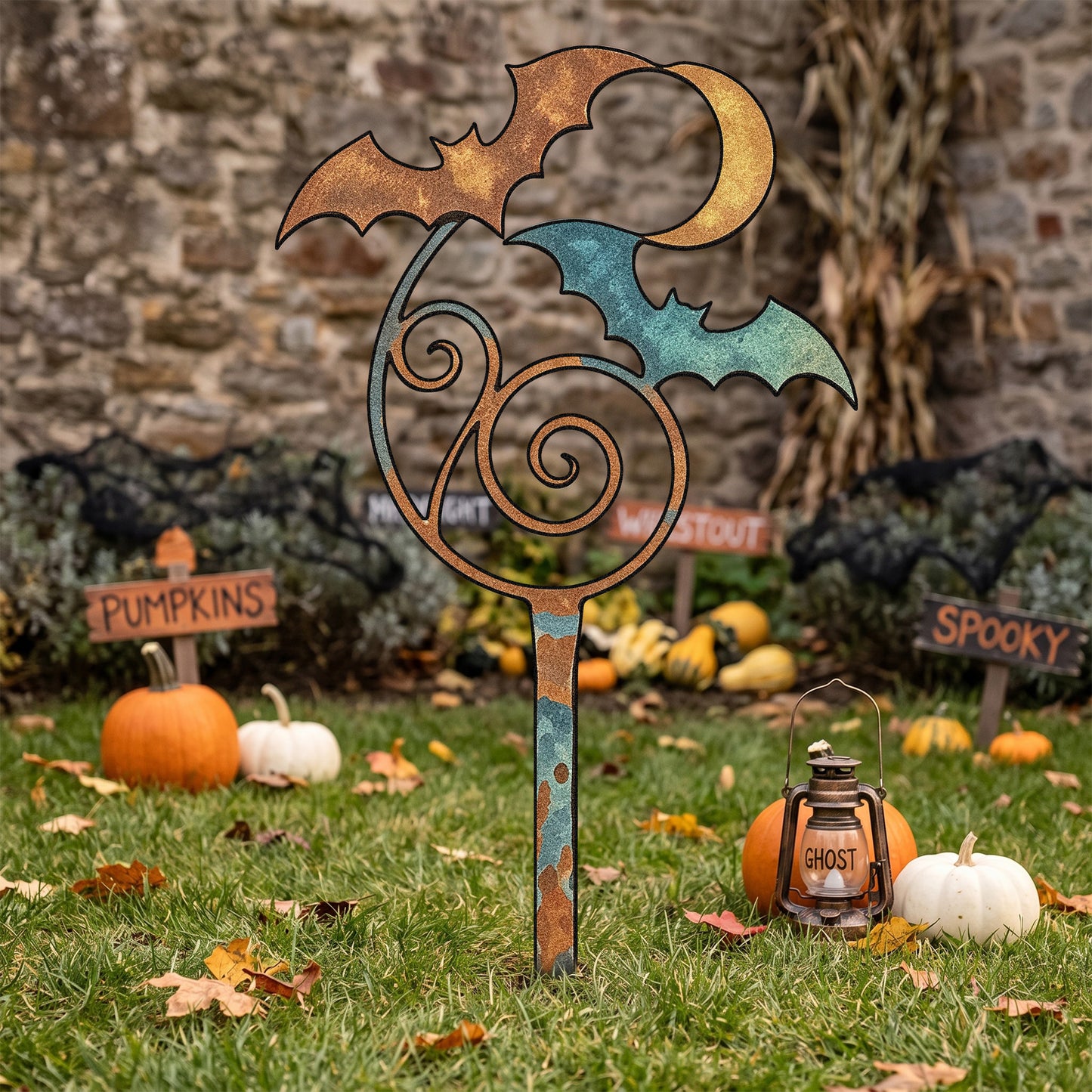 Bat & Crescent Moon Halloween Garden Stake in a garden