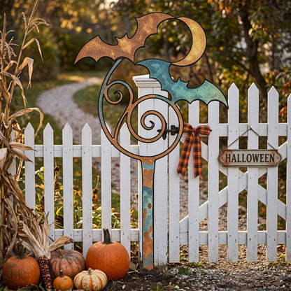 Bat & Crescent Moon Halloween Garden Stake outdoor scene
