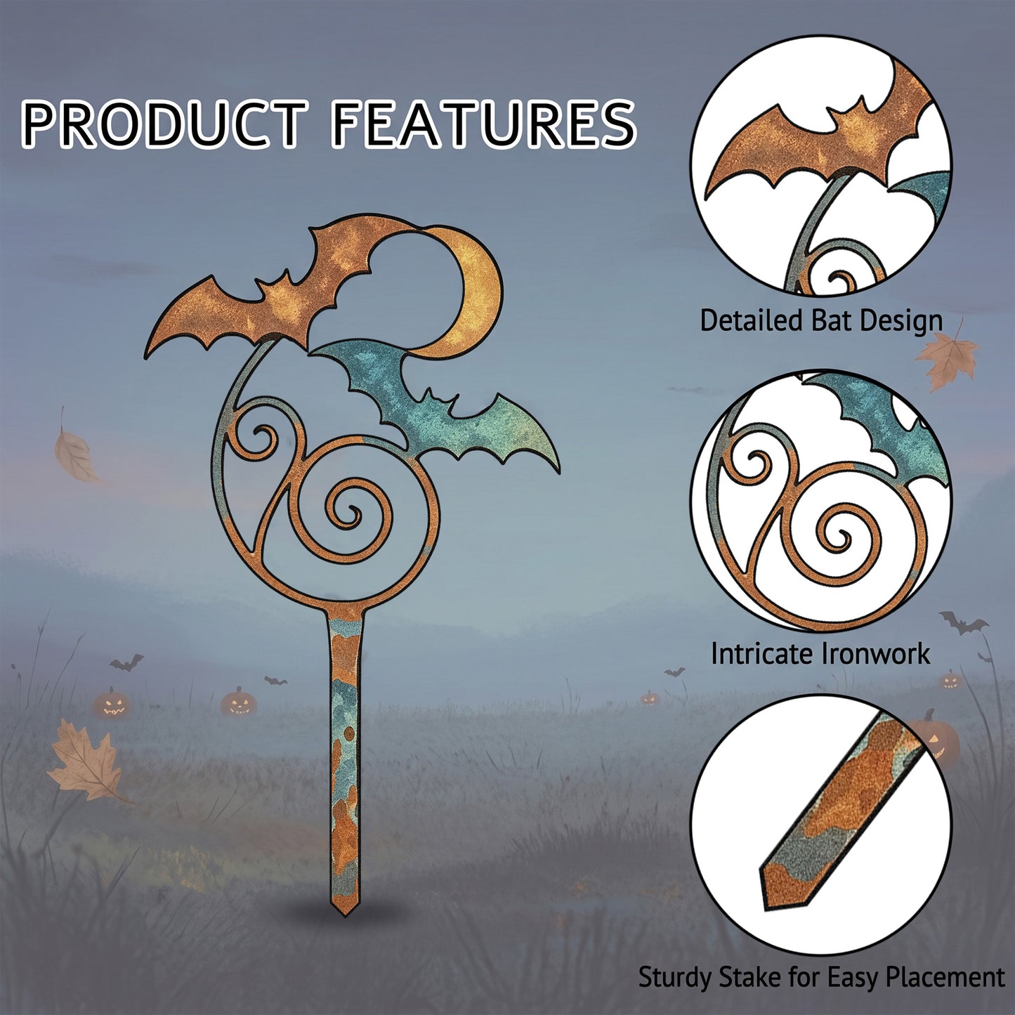 Close-up of Bat & Crescent Moon Halloween Garden Stake