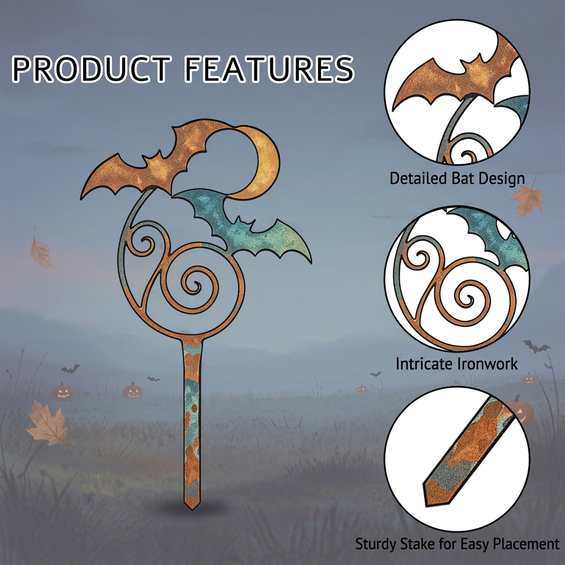 Close-up of Bat & Crescent Moon Halloween Garden Stake