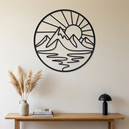Circular Mountain Lake Sunrise Metal Wall Art
