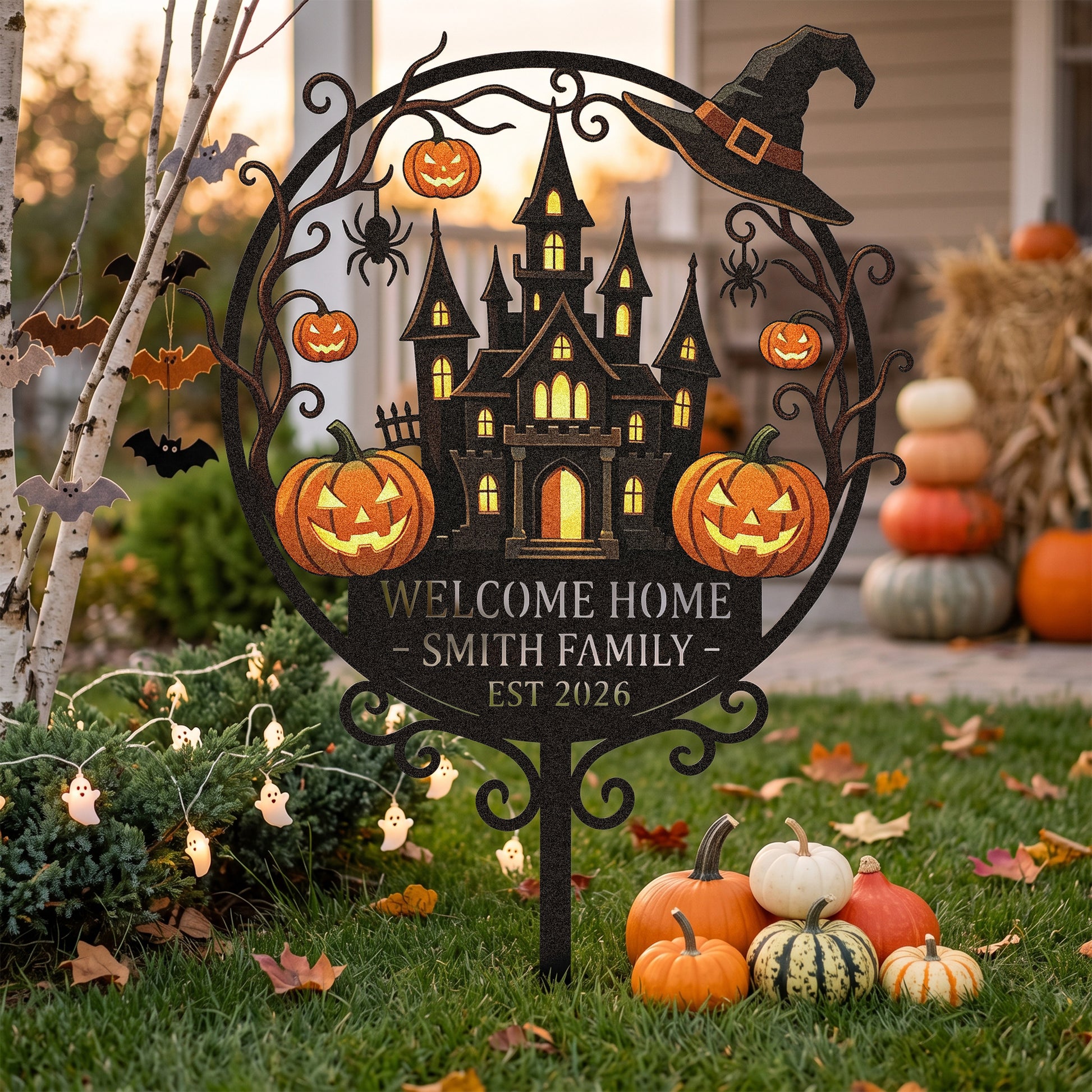 Haunted castle Halloween garden stake in a yard