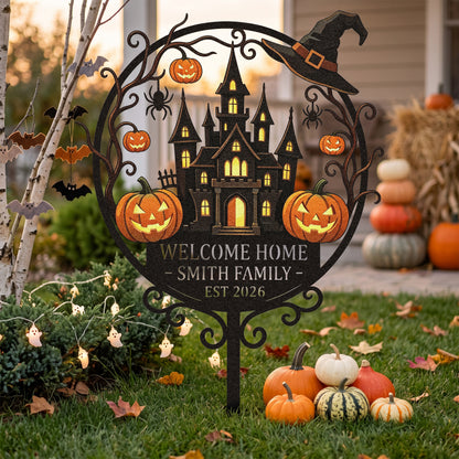 Haunted castle Halloween garden stake in a yard