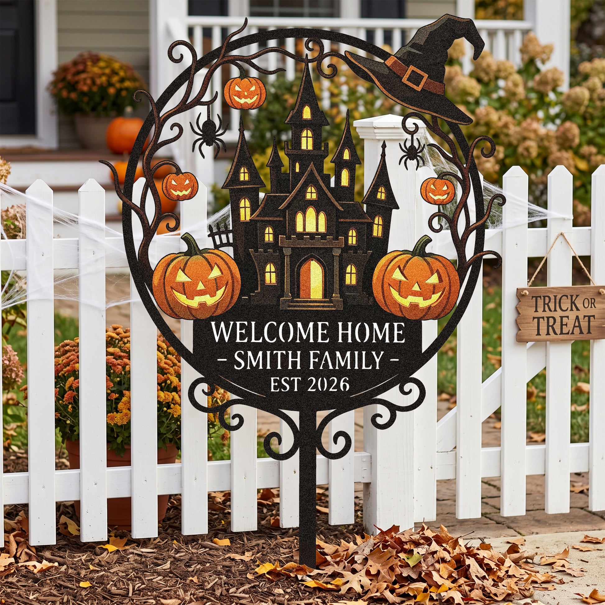 Personalized haunted castle metal stake outdoor scene