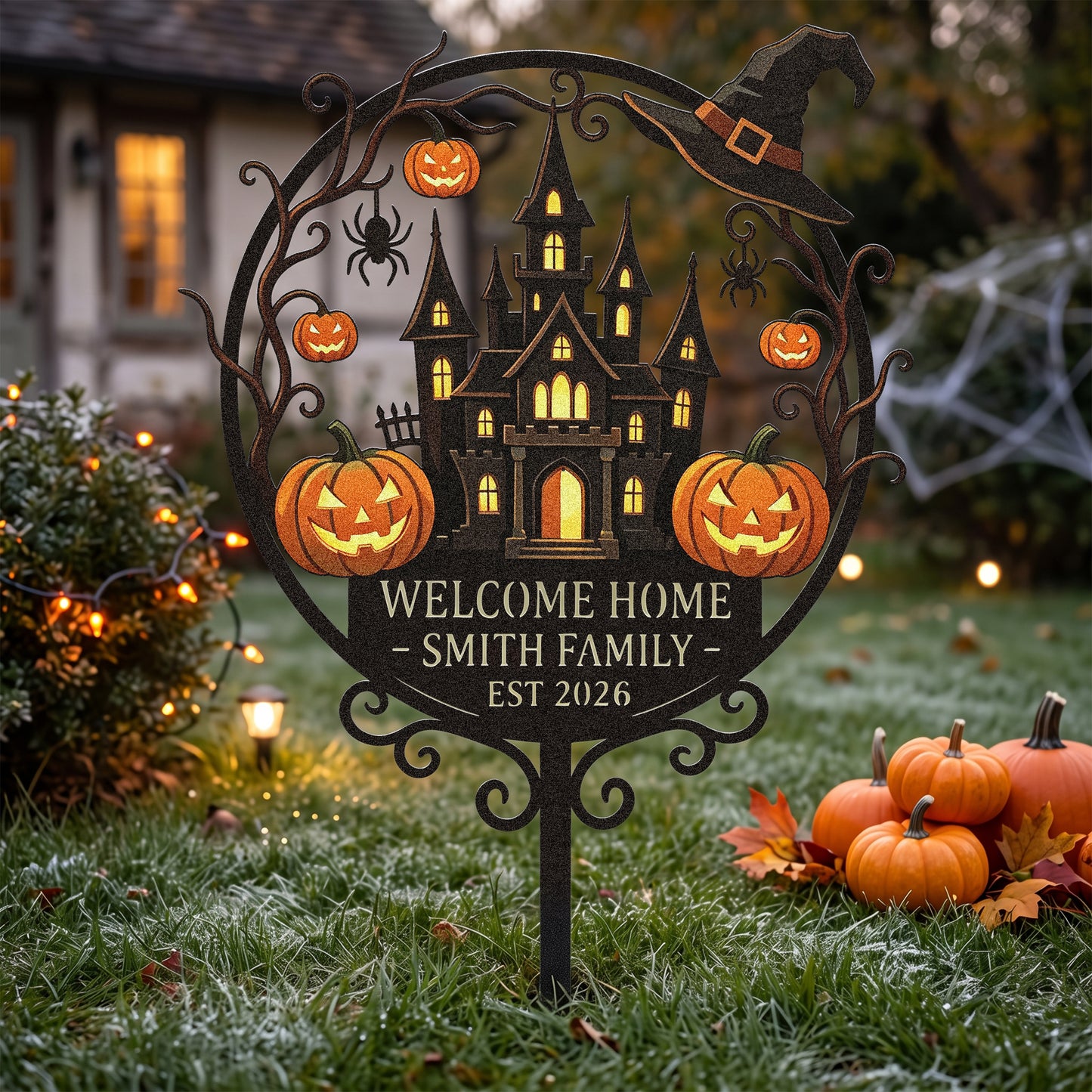 Halloween castle garden stake among pumpkins