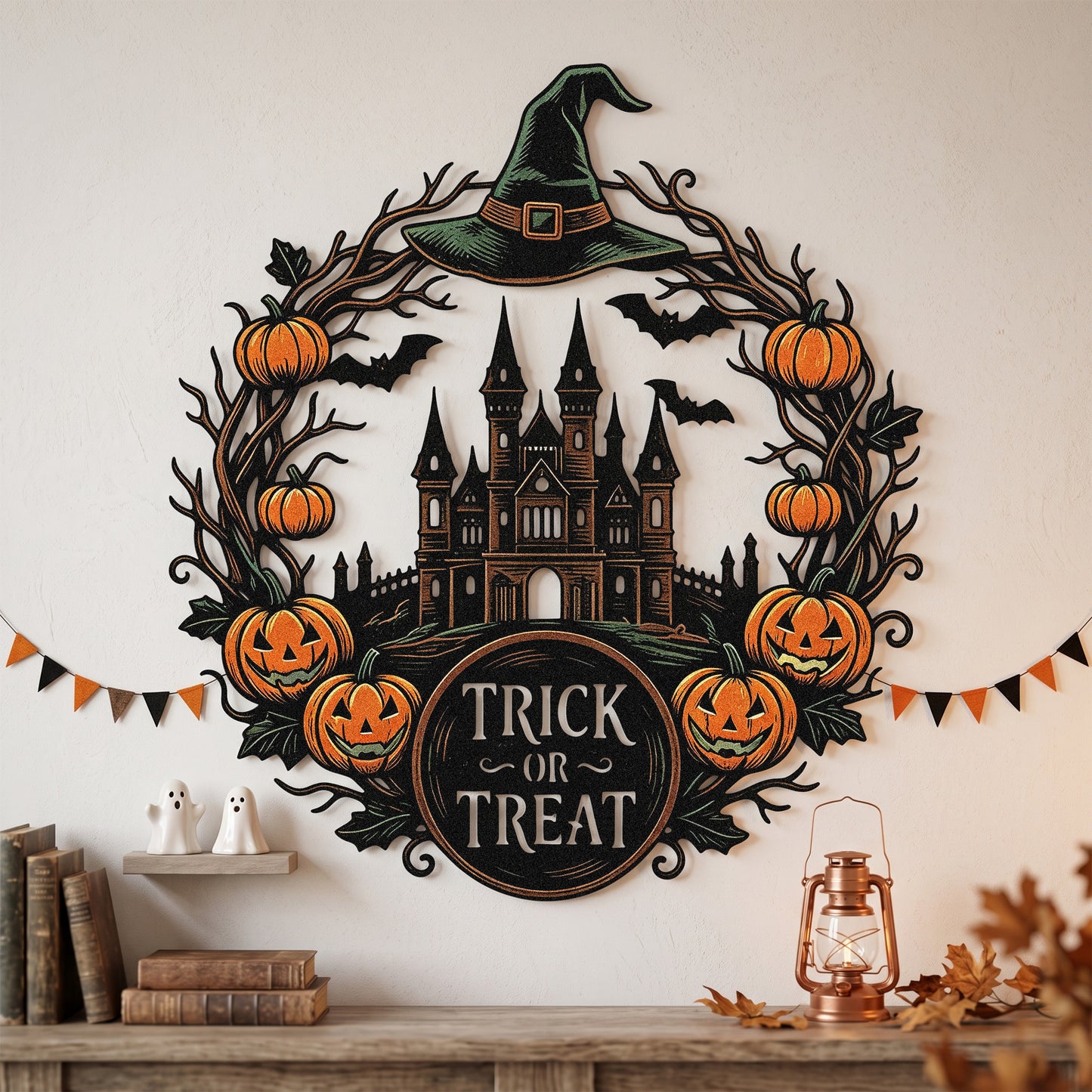 Trick or Treat haunted house garden stake in a yard