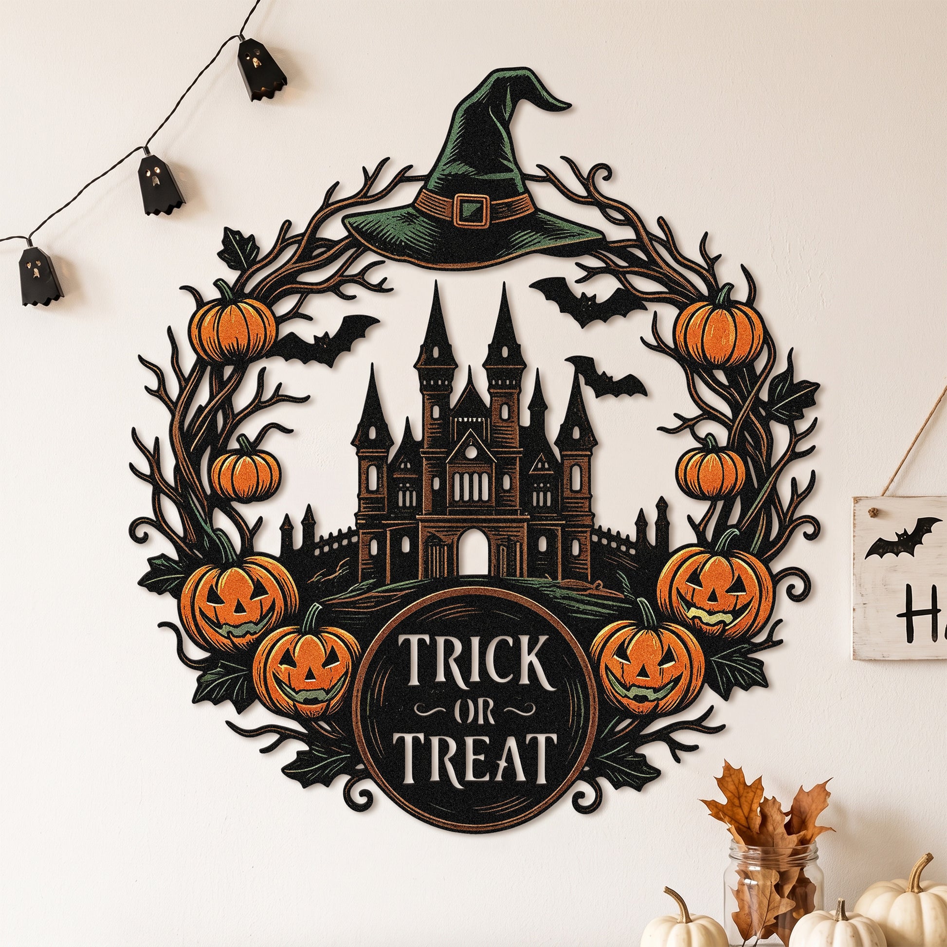 Halloween haunted house wreath metal stake outdoor scene