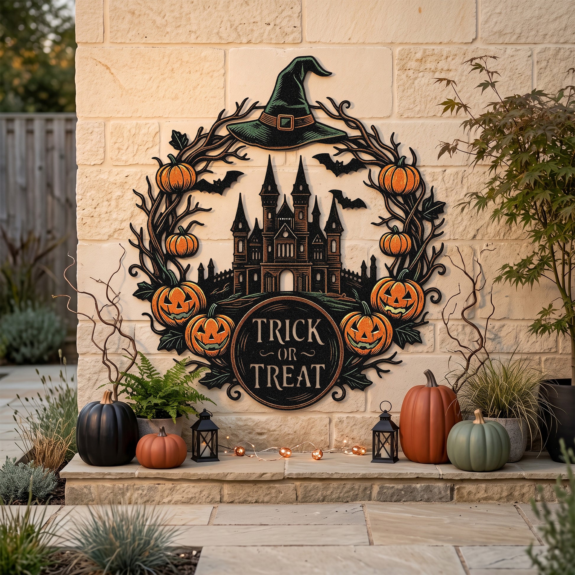 Trick or Treat garden stake among autumn flowers