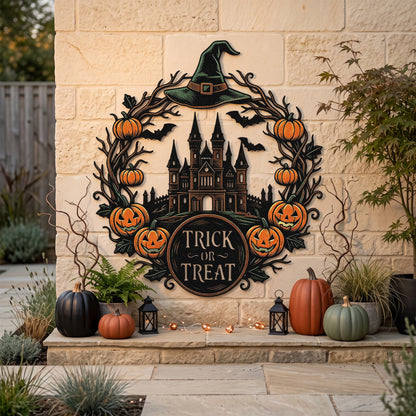 Trick or Treat garden stake among autumn flowers