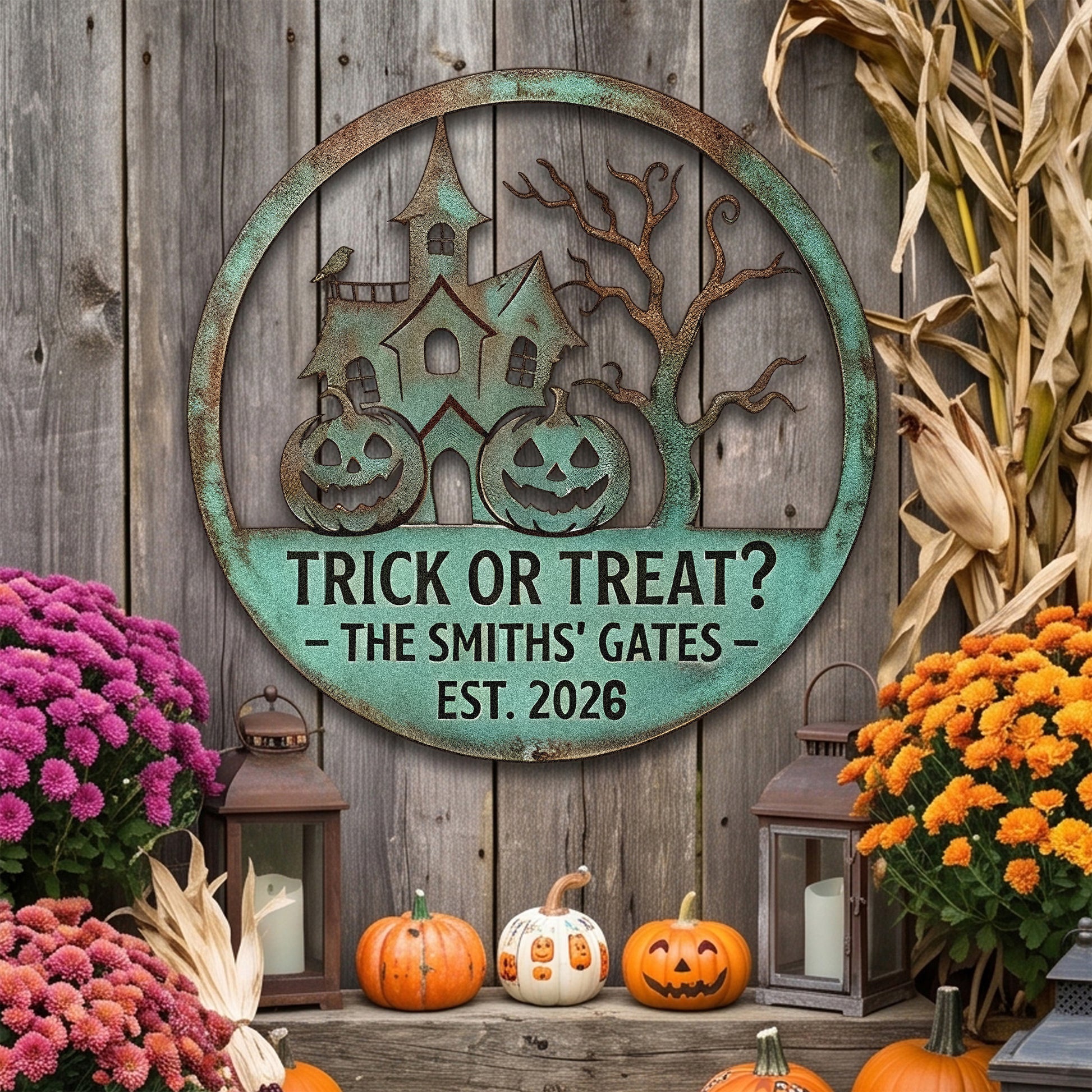 Personalized Trick or Treat Family Gate Garden Sign in a garden