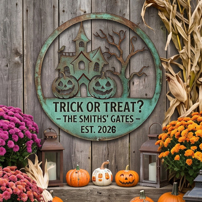 Personalized Trick or Treat Family Gate Garden Sign in a garden