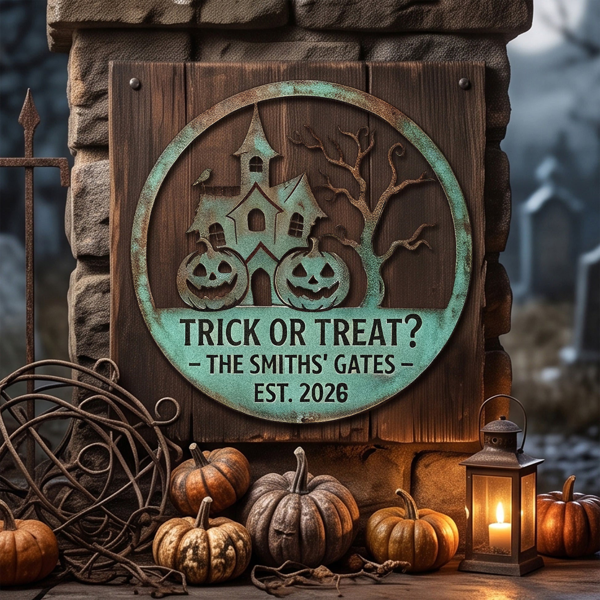 Personalized Trick or Treat Family Gate Garden Sign outdoor scene