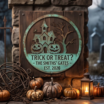 Personalized Trick or Treat Family Gate Garden Sign outdoor scene