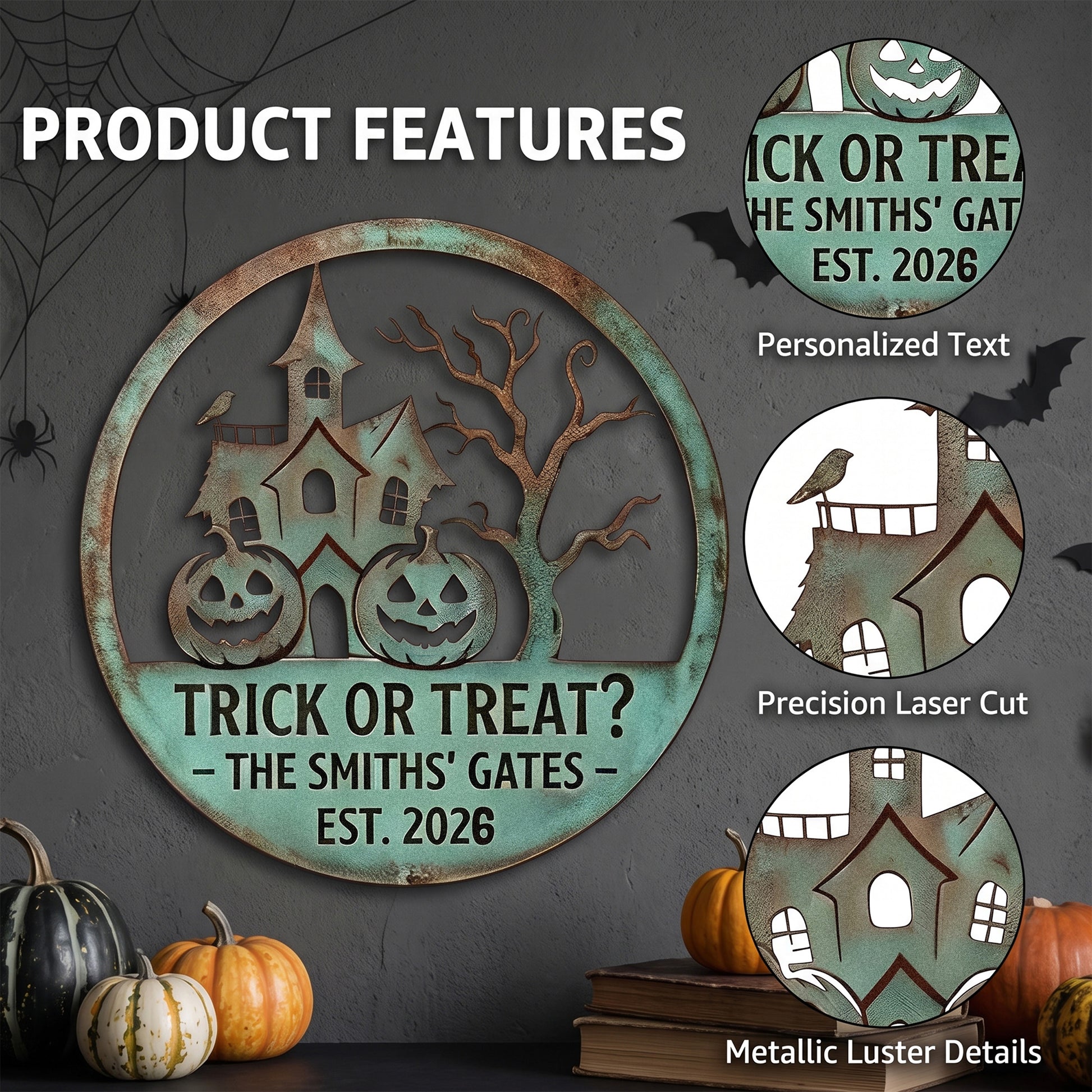 Close-up of Personalized Trick or Treat Family Gate Garden Sign