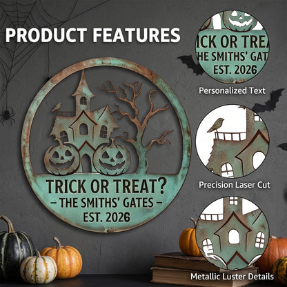 Close-up of Personalized Trick or Treat Family Gate Garden Sign