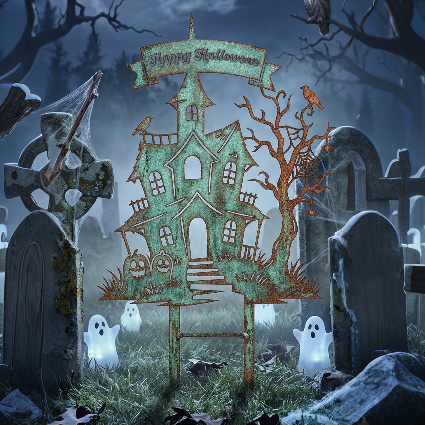 Happy Halloween Haunted House Garden Stake in a garden