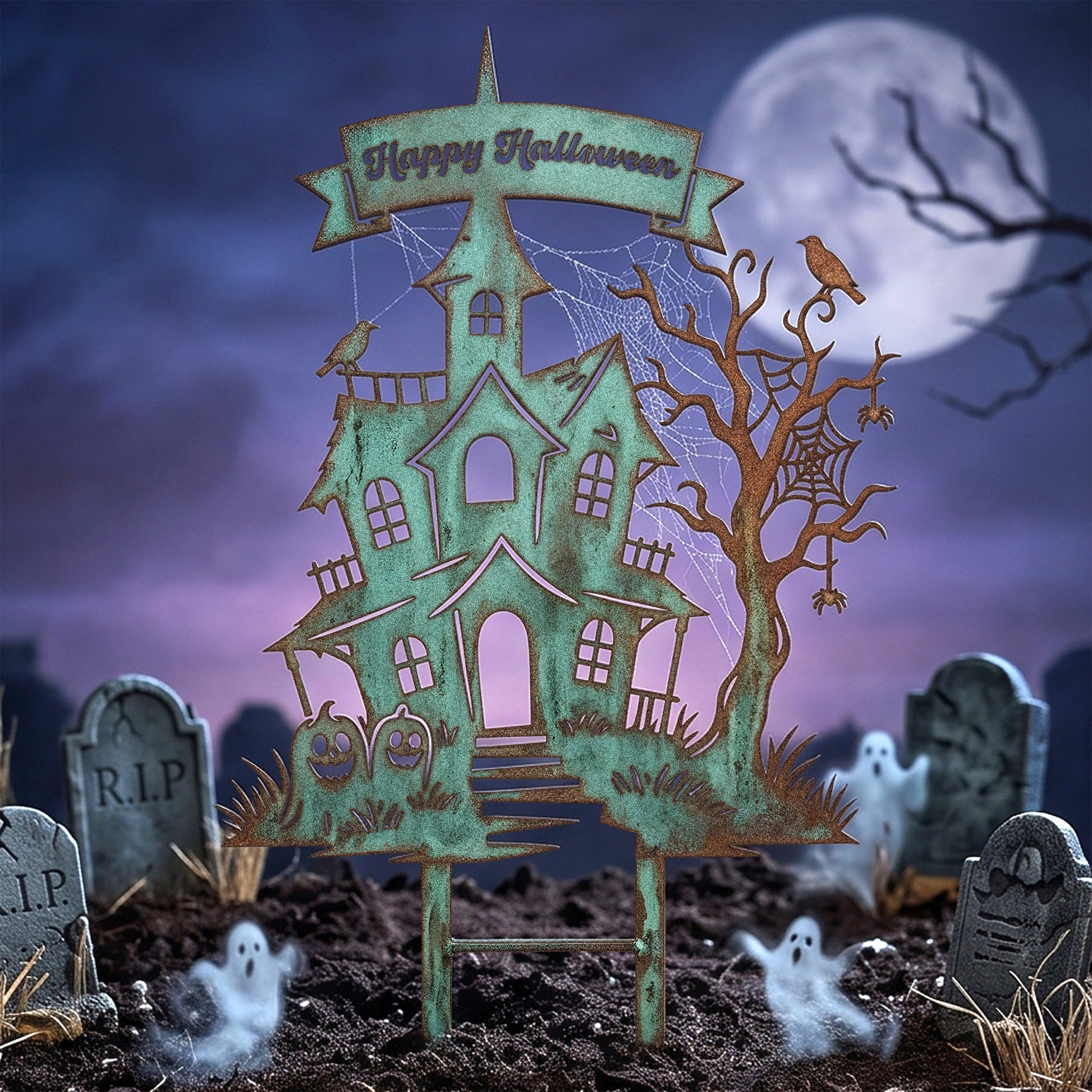 Happy Halloween Haunted House Garden Stake outdoor scene