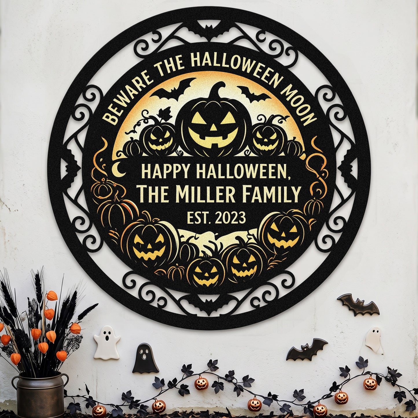 Beware the Halloween Moon garden stake in a yard