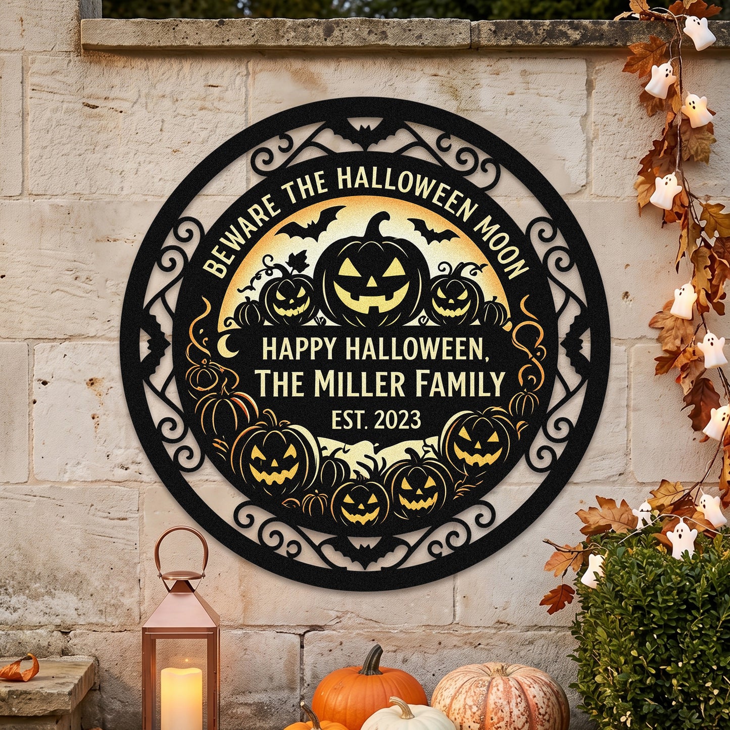 Personalized Halloween moon metal stake outdoor scene