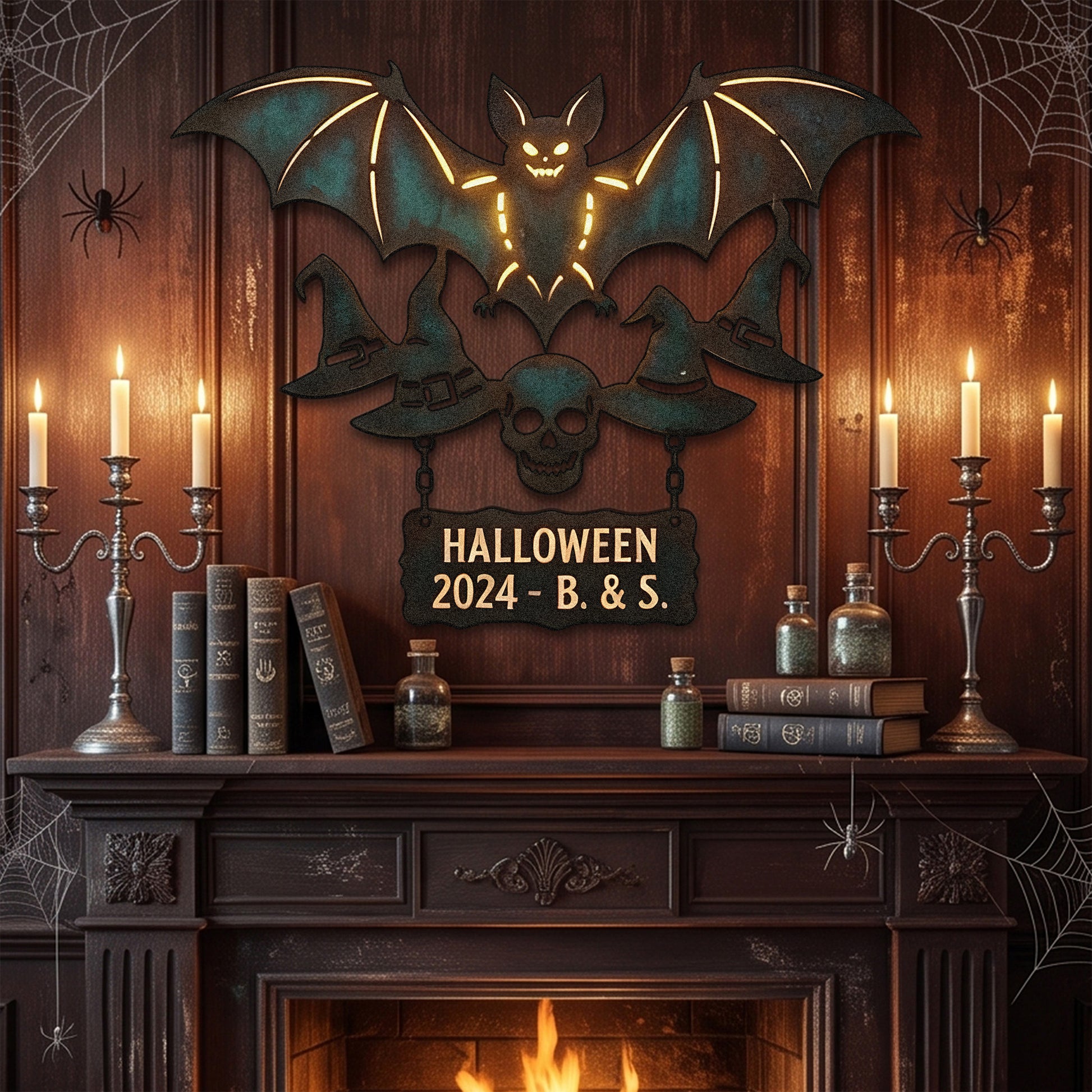 Personalized Halloween Bat & Skull Garden Sign in a garden
