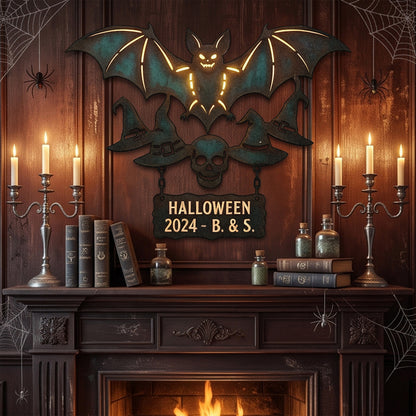 Personalized Halloween Bat & Skull Garden Sign in a garden