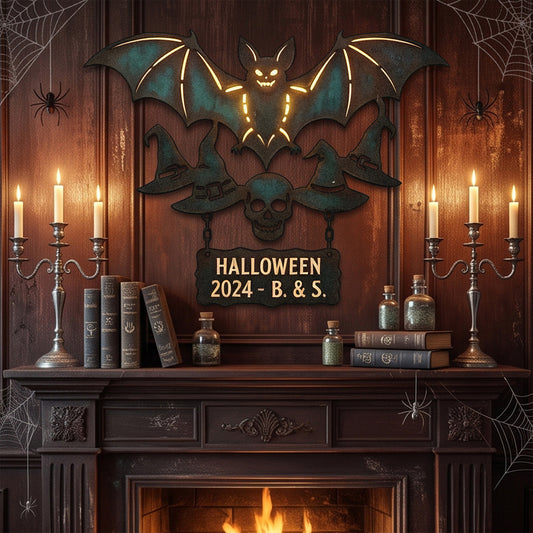 Personalized Halloween Bat & Skull Garden Sign in a garden