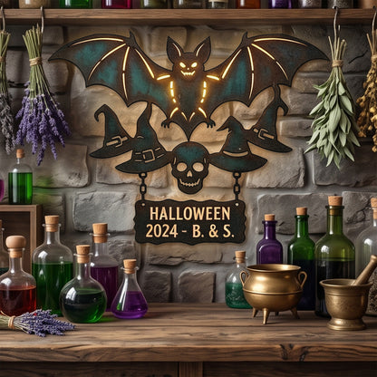 Personalized Halloween Bat & Skull Garden Sign outdoor scene