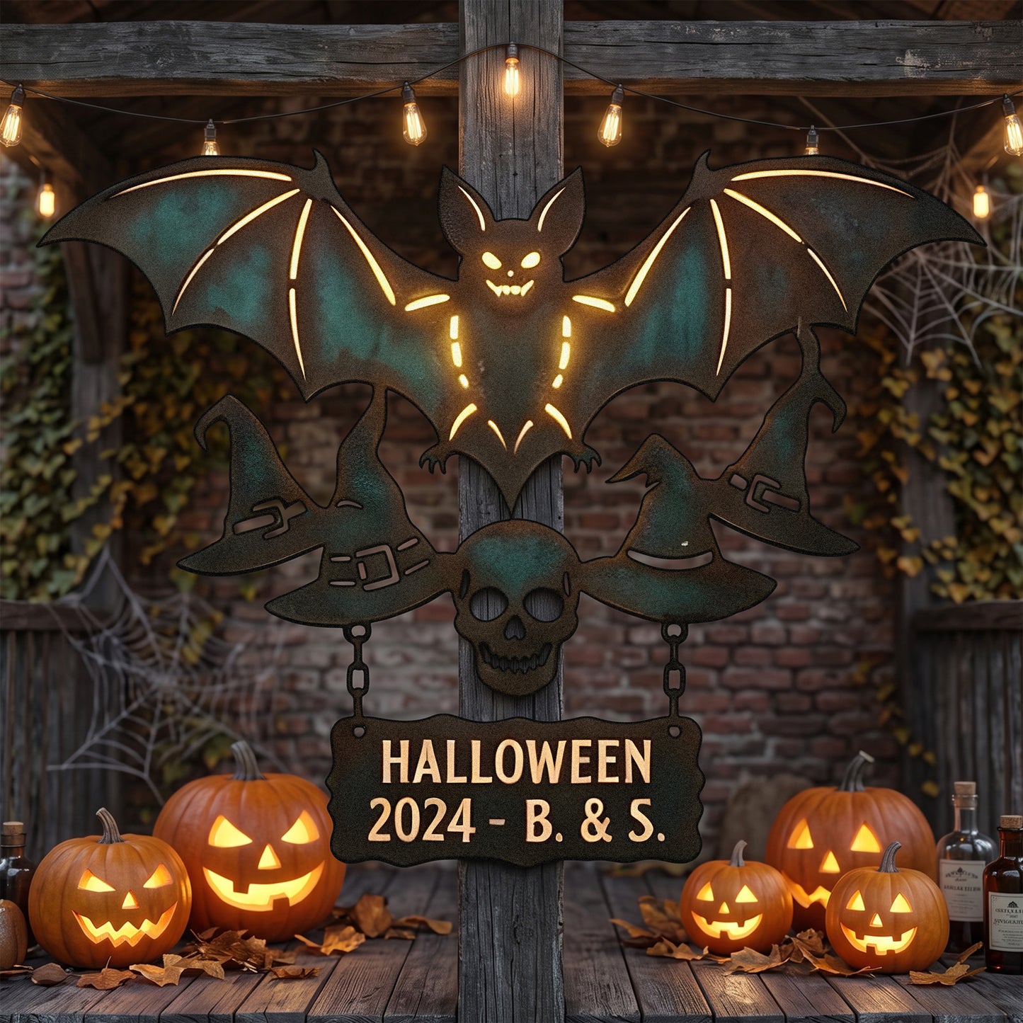 Personalized Halloween Bat & Skull Garden Sign lifestyle