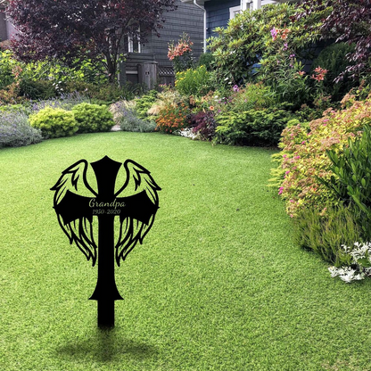 Custom Memorial Cross With Wings Metal Stake