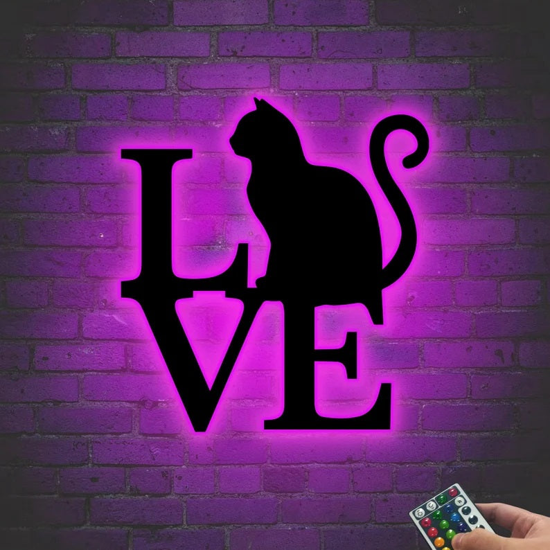 Cat Love Metal Sign with Led Lights