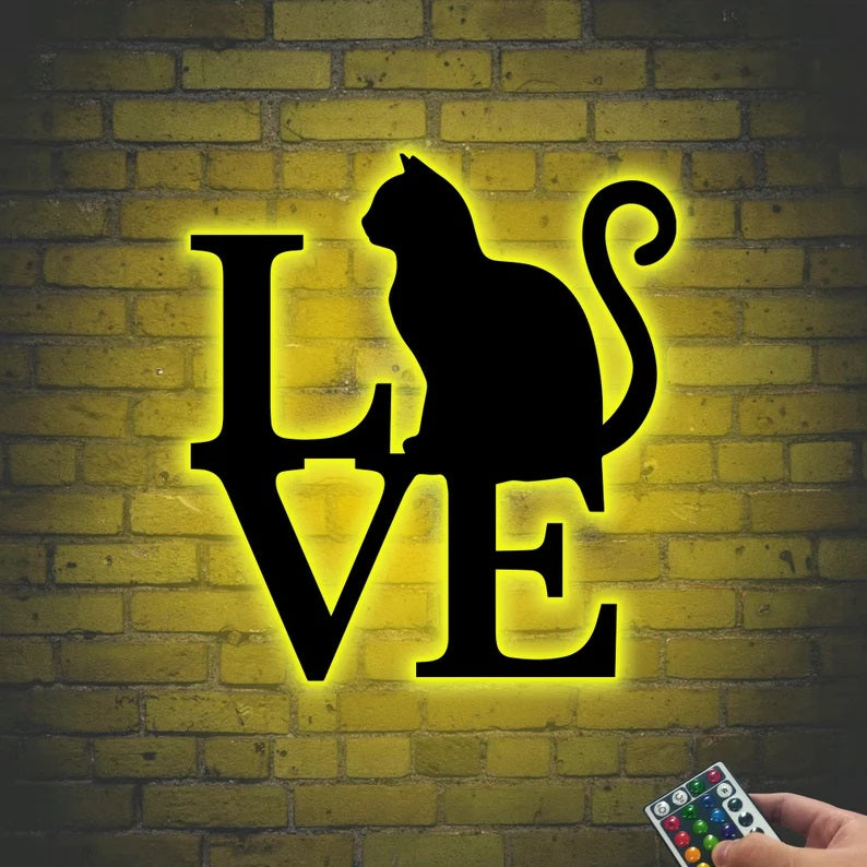 Cat Love Metal Sign with Led Lights