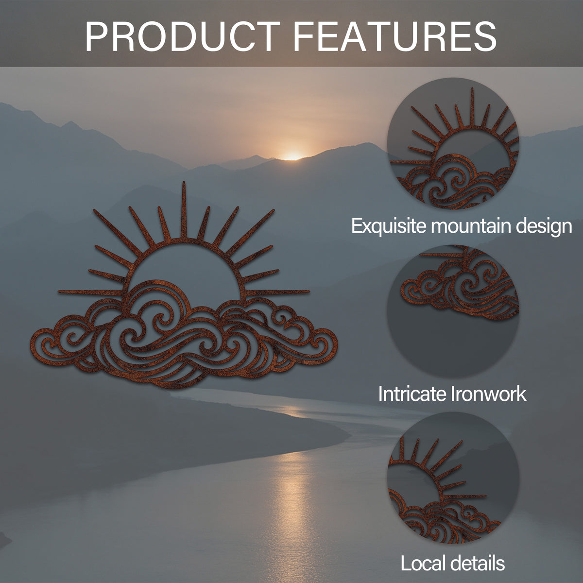 Rising Sun Over Waves Metal Wall Art — features