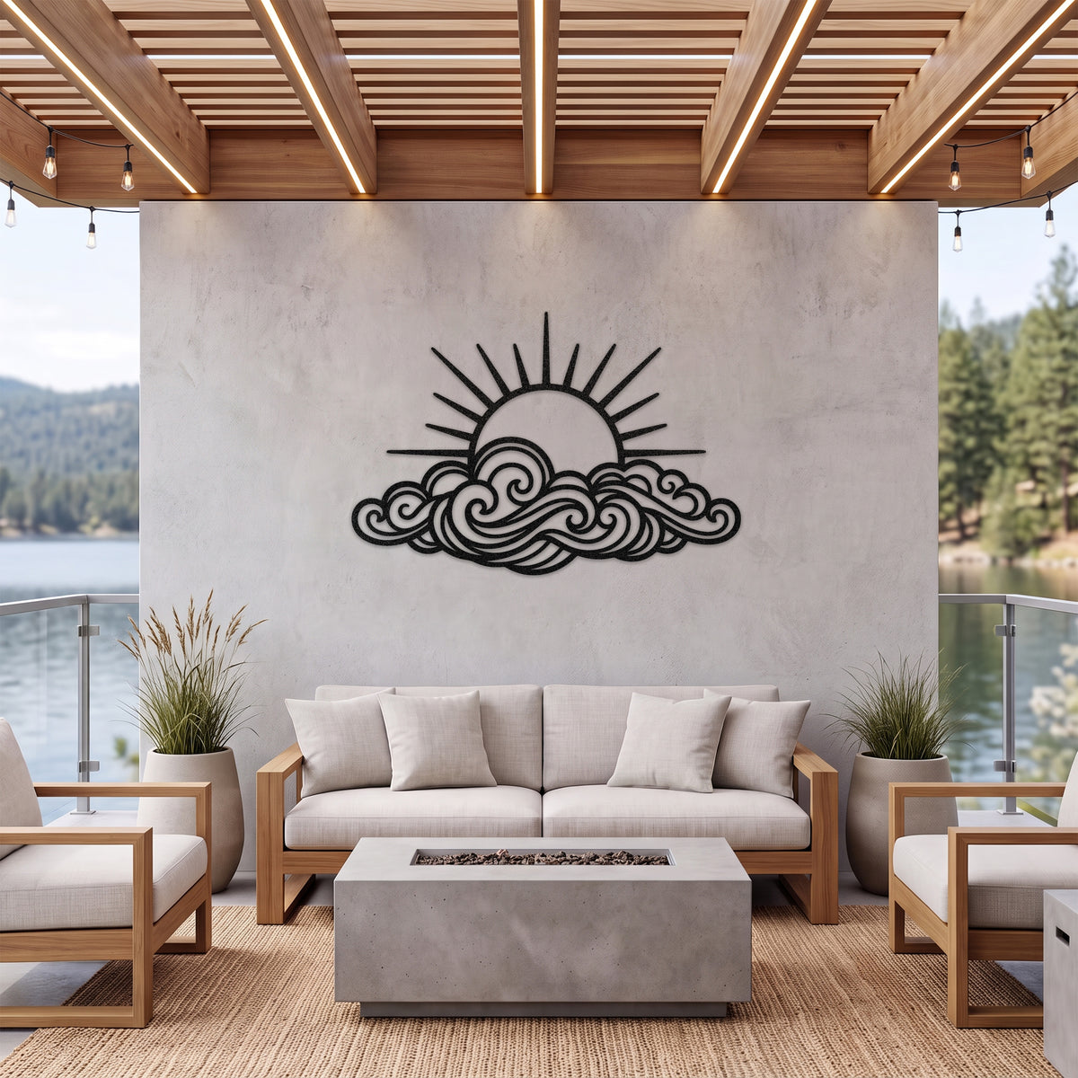 Rising Sun Over Waves Metal Wall Art — black