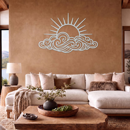 Rising Sun Over Waves Metal Wall Art — white