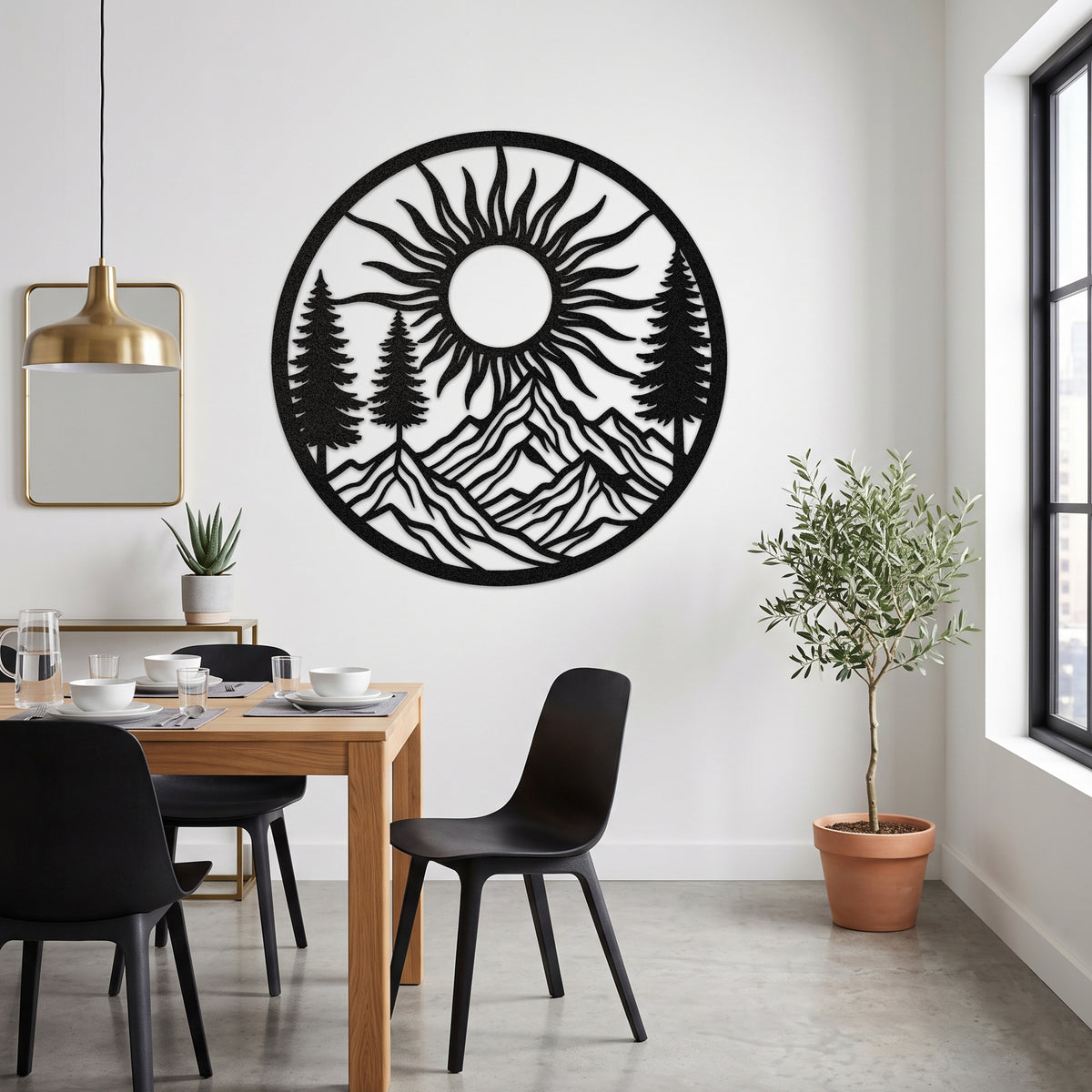Circular Pine Mountain Sunrise Metal Wall Art — black