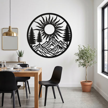 Circular Pine Mountain Sunrise Metal Wall Art — black