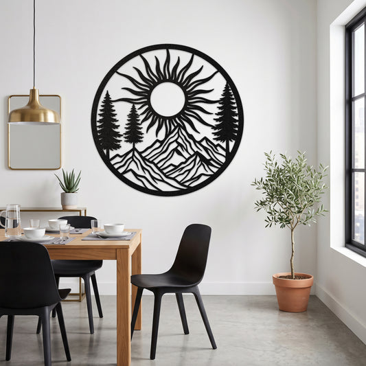 Circular Pine Mountain Sunrise Metal Wall Art — black