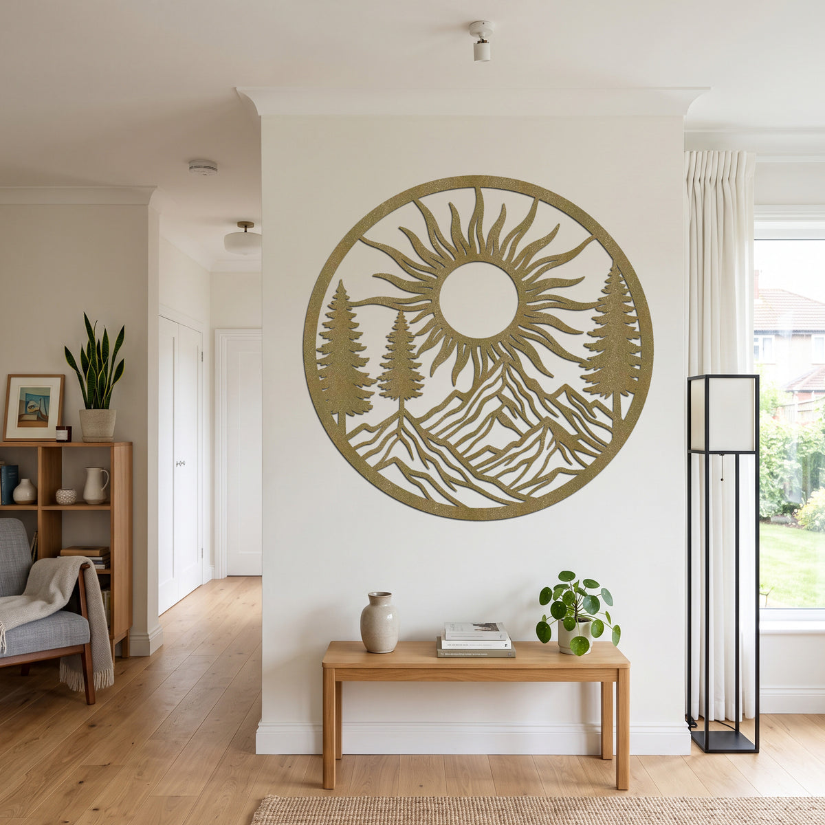 Circular Pine Mountain Sunrise Metal Wall Art — copper
