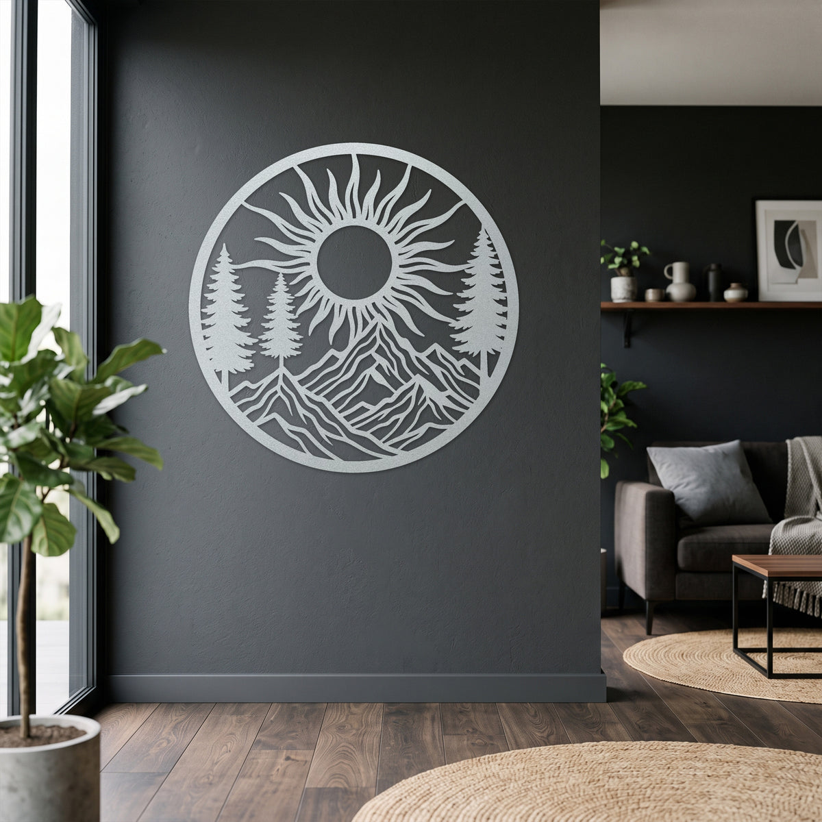 Circular Pine Mountain Sunrise Metal Wall Art — white