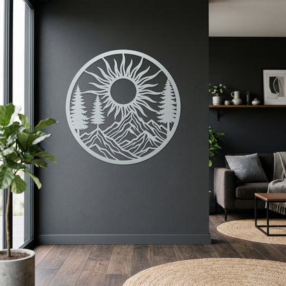 Circular Pine Mountain Sunrise Metal Wall Art — white