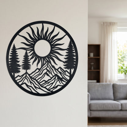 Circular Pine Mountain Sunrise Metal Wall Art — lifestyle