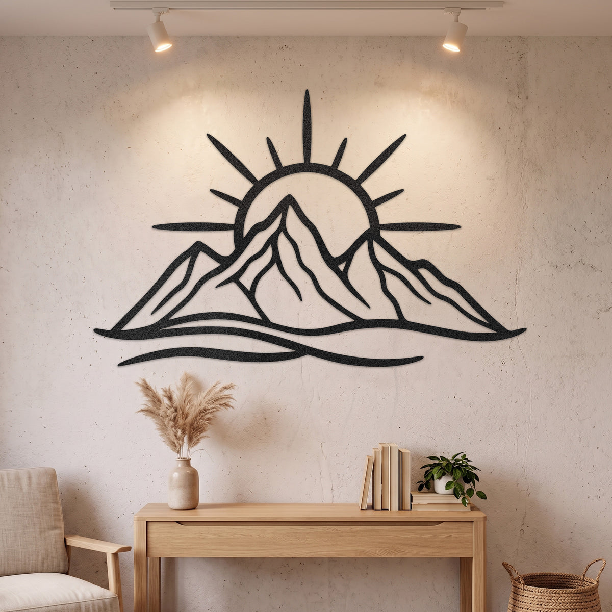 Line Art Mountain Sunrise Metal Wall Art — black